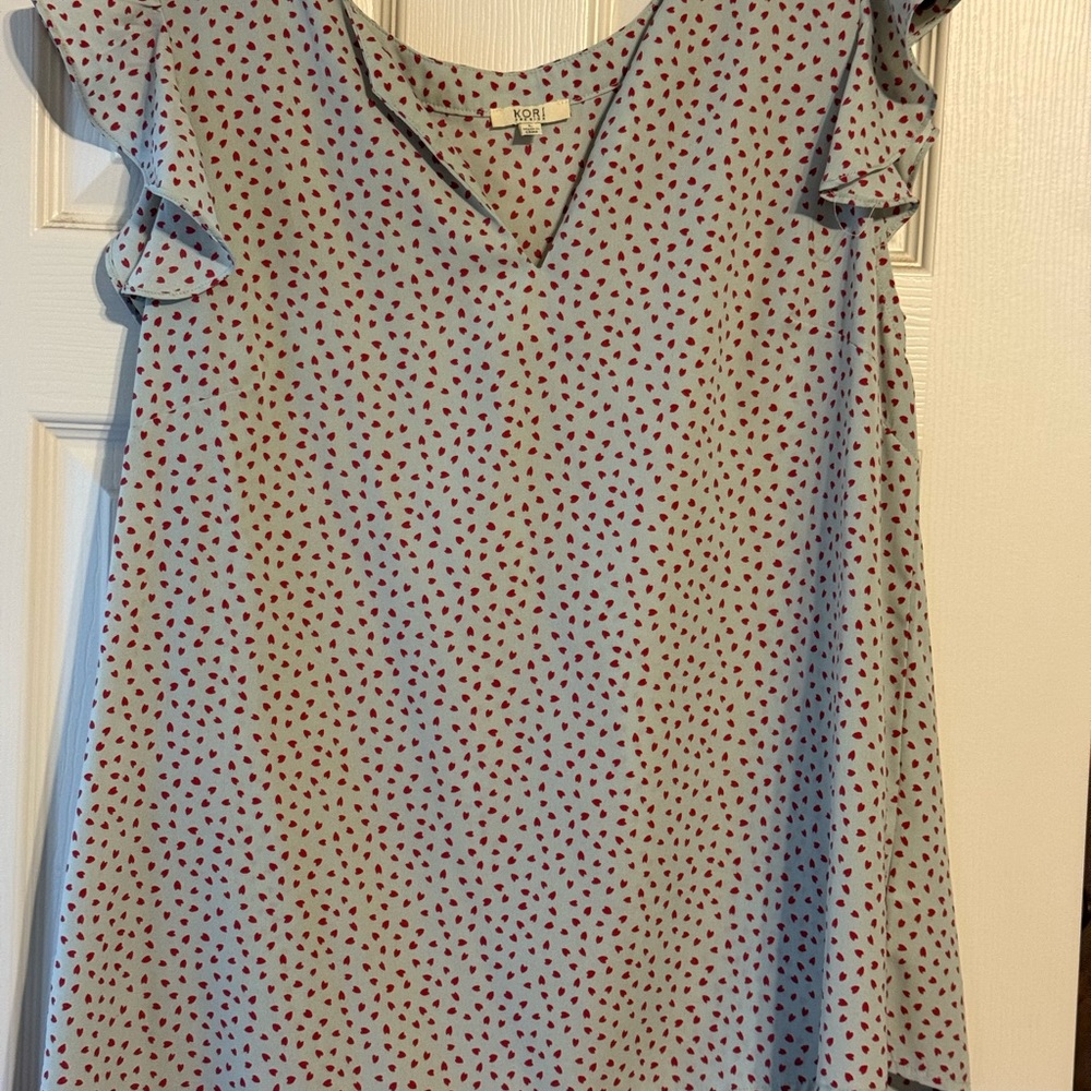 Kori Blue Blouse with Red Heart Pattern